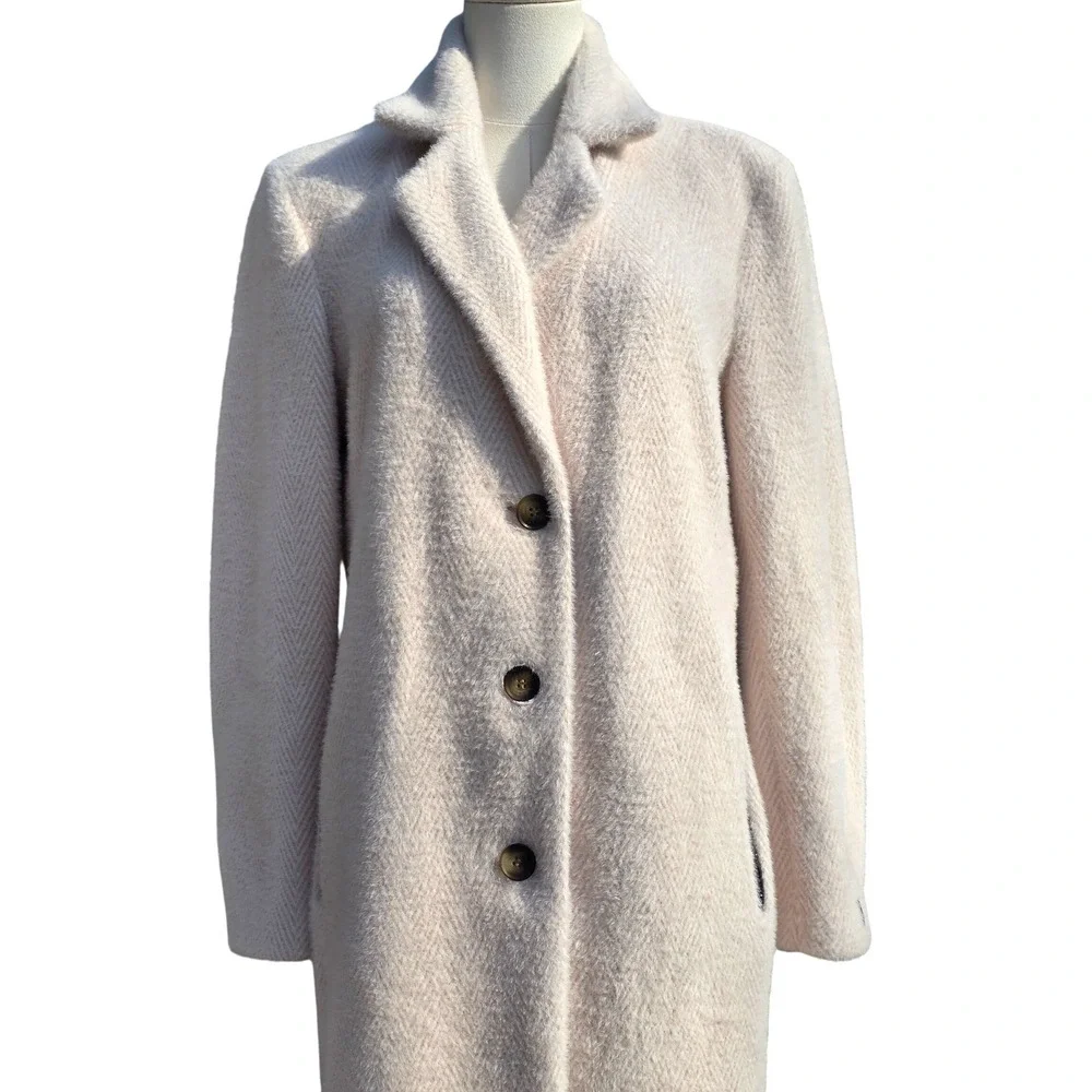 DKNY Overcoat Womens Medium Pink Chevron Notched Lapel Coat
